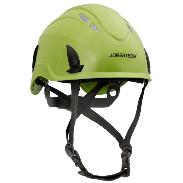 Vista diagonal del casco de seguridad JORESTECH® ventilado para trabajos en altura, color lima/verde, con rejilla antintrusión y suspensión ajustable de 4 puntos con barboquejo