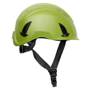 Vista lateral del casco ventilado JORESTECH® color lima/verde clase 1 tipo C con rejilla antintrusión y suspensión ajustable de 4 puntos con correa negra para la barbilla