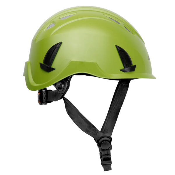 Vista lateral del casco ventilado JORESTECH® color lima/verde clase 1 tipo C con rejilla antintrusión y suspensión ajustable de 4 puntos con correa negra para la barbilla