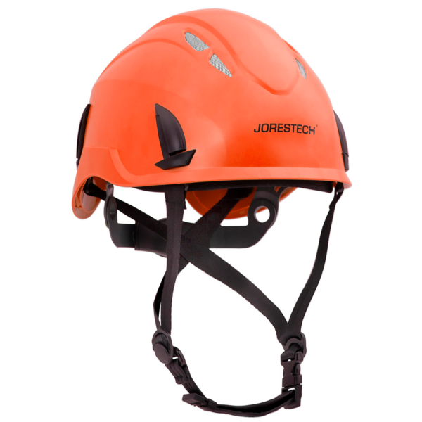 Vista diagonal del casco de seguridad JORESTECH® naranja ventilado para trabajos en altura con rejilla antiintrusión y suspensión ajustable de 4 puntos con mentonera