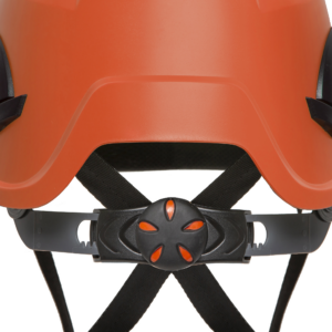 Primer plano que muestra el mecanismo de trinquete negro del casco de seguridad JORESTECH con 4 puntos de suspensión