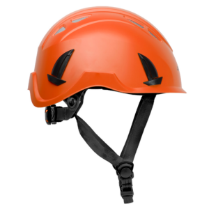 Vista lateral del casco de seguridad naranja JORESTECH® ventilado para trabajos en altura con rejilla antiintrusión y suspensión ajustable de 4 puntos con correa de barbilla