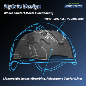 Banner del forro interior que forma parte del casco de seguridad JORESTECH, que ofrece una mejor protección para la cabeza. El texto del banner dice: Diseño híbrido, donde la comodidad se une a la funcionalidad. Calota exterior resistente de ABS/PC. Forro de comodidad de poliestireno, ligero y de alto impacto absorbente.
