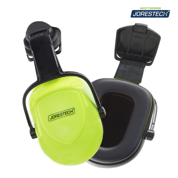 Presenta las orejeras desmontables JORESTECH® en color lima y negro que forman parte de este conjunto