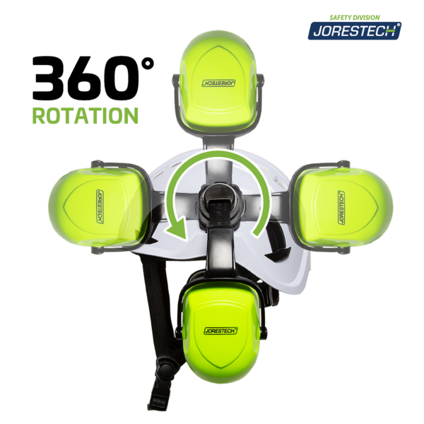 Presenta la rotación de 360 que ofrecen estas orejeras. El texto en letras negras dice: rotación de 360 grados
