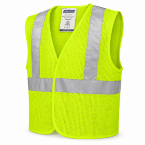 Chaleco de seguridad infantil color lima con bandas reflectantes.