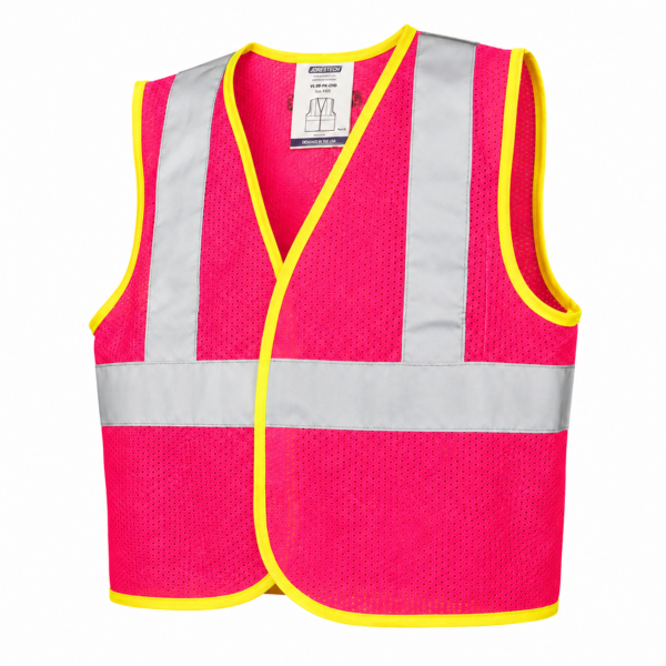 Chaleco de seguridad rosa con ribetes amarillos y bandas reflectantes.