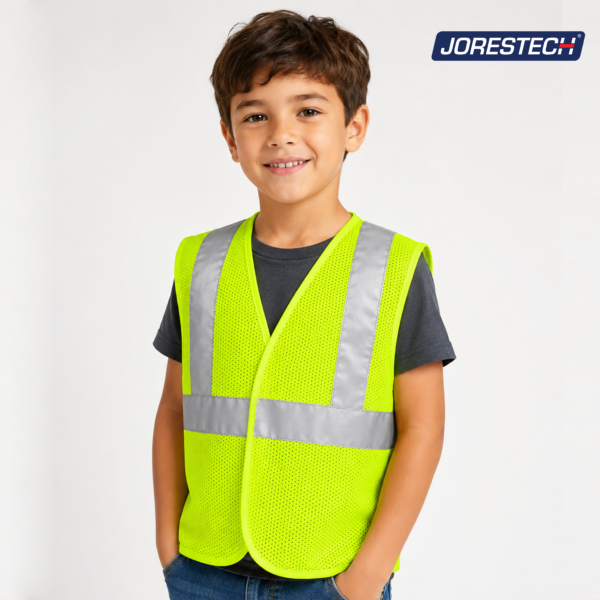 Niño llevando un chaleco de seguridad JORESTECH de alta visibilidad color lima sobre su ropa