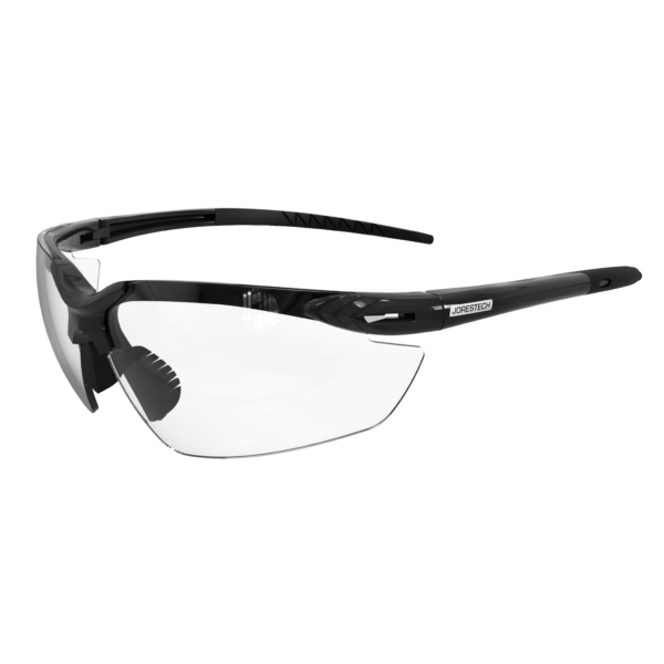 Gafas de seguridad de alta resistencia con patillas flexibles de goma, lentes transparentes y montura y patillas negras