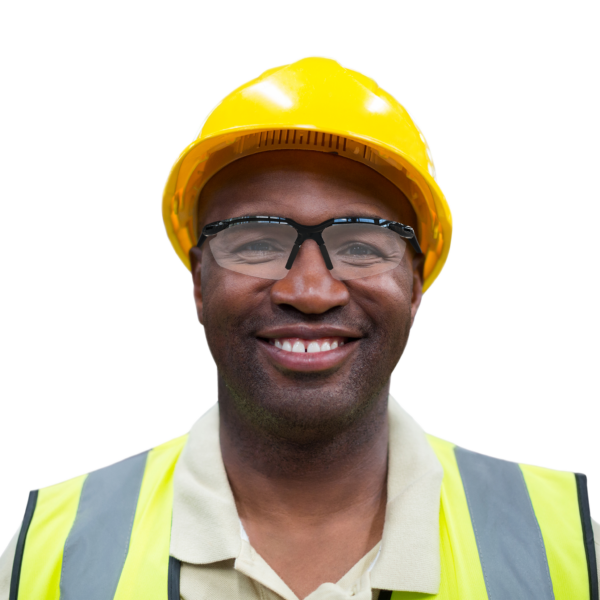 Un trabajador usando equipo de protección personal y las gafas de seguridad transparentes de alto impacto JORESTECH para construcción.