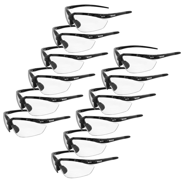 Paquete de 12 gafas de seguridad envolventes con patillas flexibles de goma, lentes transparentes y montura negra