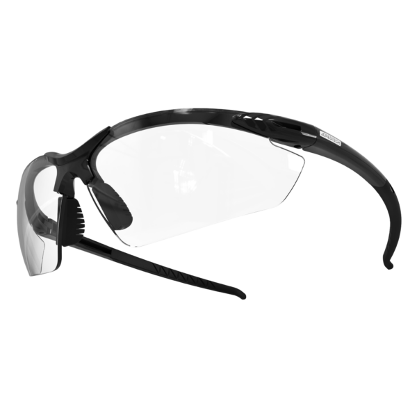 Gafas de seguridad de alto impacto con patillas de goma flexibles, lentes transparentes y montura y patillas negras