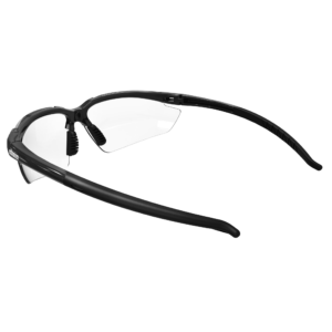 Gafas de seguridad de alto impacto conformes con ANSI Z87+ con patillas flexibles de goma, lentes transparentes y montura y patillas negras