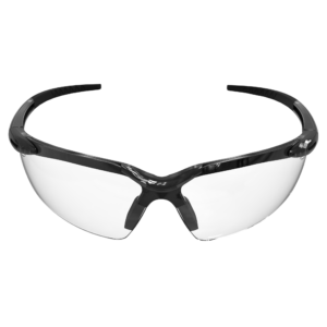 Gafas de seguridad envolventes de alta resistencia con patillas flexibles de goma, lentes transparentes y montura y patillas negras