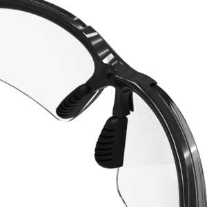Imagen del puente nasal suave y ajustable de las gafas de seguridad de policarbonato JORESTECH con patillas flexibles de goma, lentes transparentes y montura negra