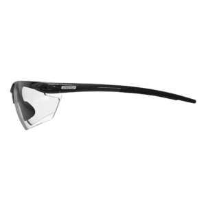 Gafas de seguridad de policarbonato de alto impacto con patillas flexibles de goma, lentes transparentes y montura y patillas negras