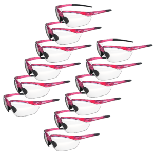 Paquete de 12 gafas de seguridad envolventes con puntas de patillas de goma flexible, lentes transparentes y montura rosa