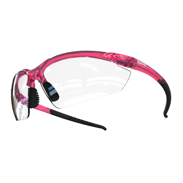 Gafas de seguridad de alto impacto conformes con ANSI Z87+ con patillas flexibles de goma, lentes transparentes y montura y patillas rosas