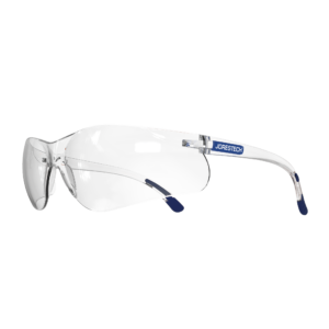 Vista diagonal de las gafas de seguridad envolventes transparentes JORESTECH para protección de alto impacto con puntas de las patillas recubiertas de goma azul.