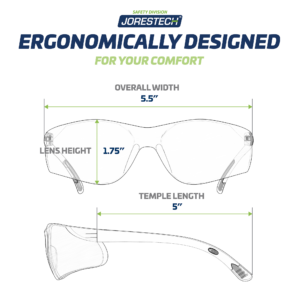 Diagrama con medidas de las gafas de seguridad envolventes JORESTECH. En la parte superior se muestra una vista frontal de las gafas con el ancho total de 5.5" y la altura de la lente de 1.75". En la parte inferior se muestra una vista lateral de las gafas y el texto dice: Longitud de las patillas 5". El título del diagrama dice: Diseño ergonómico para su comodidad.