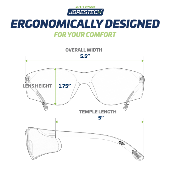 Diagrama con medidas de las gafas de seguridad envolventes JORESTECH. En la parte superior se muestra una vista frontal de las gafas con el ancho total de 5.5" y la altura de la lente de 1.75". En la parte inferior se muestra una vista lateral de las gafas y el texto dice: Longitud de las patillas 5". El título del diagrama dice: Diseño ergonómico para su comodidad.
