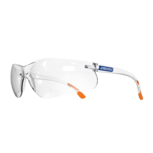 Vista diagonal de las gafas de seguridad envolventes JORESTECH transparentes, conformes con ANSI Z87+, para protección contra alto impacto, con puntas de las patillas recubiertas de goma naranja.