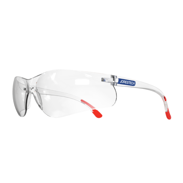 Vista diagonal de las gafas de seguridad envolventes de poliuretano transparente JORESTECH para protección de alto impacto con puntas de las patillas recubiertas de goma roja.