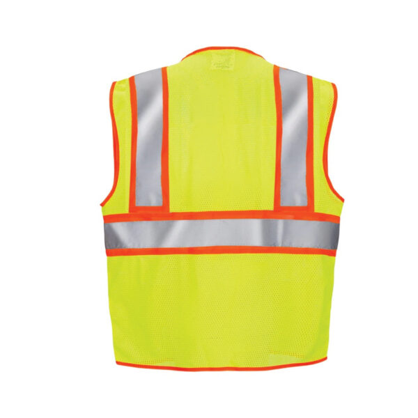 Vista trasera del chaleco de seguridad de malla bicolor amarillo de alta visibilidad con franjas reflectantes de 2 pulgadas y bolsillos